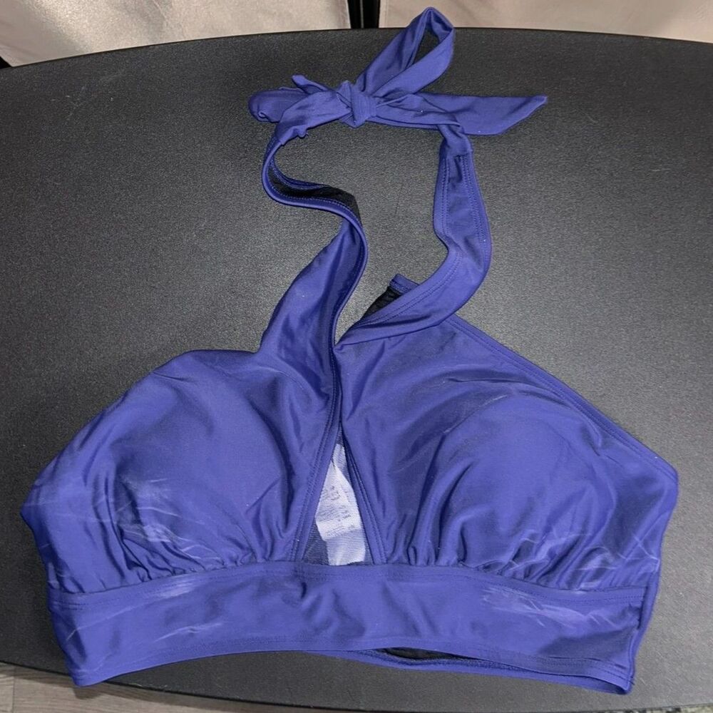 NWT Cupshe Navy Blue Halter Bikini Top XL Mesh Insert Padded Swimwear